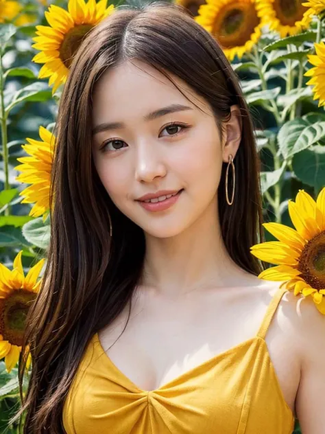 (best quality, masterpiece:1.2),ultra detailed,(photo realistic:1.4),solo,cute girl,20yo,lite smile,one-piece dress,sunflower_background, <lora:Sunflower_v1:0.4> ,