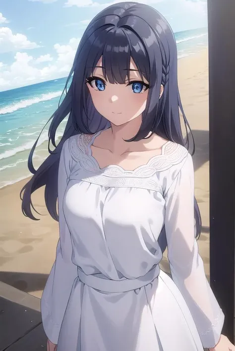 shoukomakinohara, <lora:shouko makinohara s1movie-lora-nochekaiser:1>,
shouko makinohara, blue eyes, black hair, braid, smile,
BREAK long hair, long sleeves, dress, collarbone, white dress,
BREAK outdoors, beach,
BREAK looking at viewer, (cowboy shot:1.5),
BREAK <lyco:GoodHands-beta2:1>, (masterpiece:1.2), best quality, high resolution, unity 8k wallpaper, (illustration:0.8), (beautiful detailed eyes:1.6), extremely detailed face, perfect lighting, extremely detailed CG, (perfect hands, perfect anatomy),