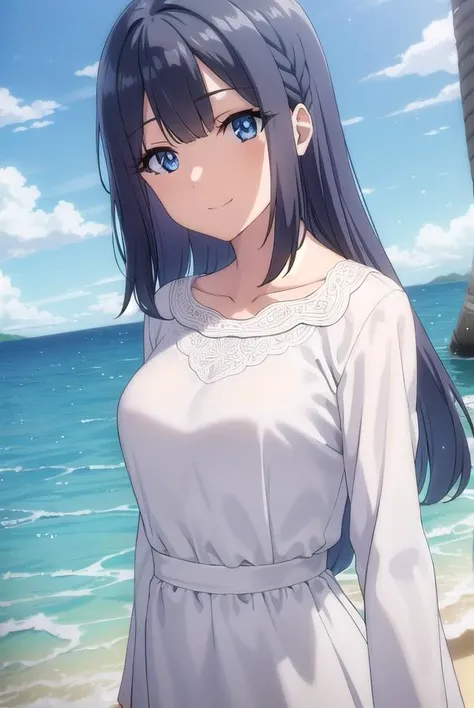 shoukomakinohara, <lora:shouko makinohara s1movie-lora-nochekaiser:1>,
shouko makinohara, blue eyes, black hair, braid, smile,
BREAK long hair, long sleeves, dress, collarbone, white dress,
BREAK outdoors, beach,
BREAK looking at viewer, (cowboy shot:1.5),
BREAK <lyco:GoodHands-beta2:1>, (masterpiece:1.2), best quality, high resolution, unity 8k wallpaper, (illustration:0.8), (beautiful detailed eyes:1.6), extremely detailed face, perfect lighting, extremely detailed CG, (perfect hands, perfect anatomy),