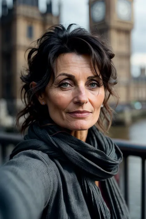 ((selfie)) photo of MarciaCipher wearing a scarf and earrings, small smile, in London, Big Ben, analog style (looking at viewer:1.2) (skin texture), close up, cinematic light, sidelighting, Fujiflim XT3, DSLR, 50mm <lora:add_detail:0.4> <lora:LowRA:0.5>