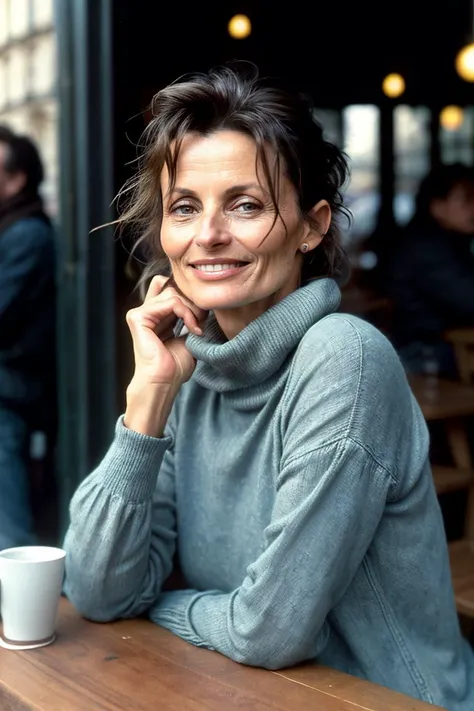 photograph of MarciaCipher smiling, sitting at a table at an outdoor cafe on a city street in paris in jeans and turtleneck, photo by Steven Meisel, film grain, analog, Fujicolor 400, RAW, 75mm f 1.8, (masterpiece:1.2) (photorealistic:1.2) (bokeh) (best quality) (detailed skin:1.2) (intricate details) <lora:LowRA:0.35> <lora:add_detail:0.65>