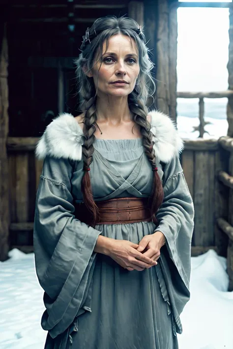 photo of MarciaCipher as a beautiful viking queen, hair in long braids, wearing a silver crown, medieval robe, fur cloak, winter, battlefield, ultra realistic, ultra detailed, film grain, analog, Kodak Portra 800, f1.8, 50mm <lora:AZovyaRPGArtistToolsLORAV2art:0.65>