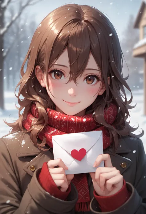 score_9, score_8_up, score_7_up, depth of field, 1girl, solo, long hair, looking at viewer, blush, smile, bangs, brown hair, long sleeves, holding, hair between eyes, brown eyes, closed mouth, jacket, upper body, heart, outdoors, scarf, blurry, sweater, sleeves past wrists, blurry background, snow, snowing, letter, envelope, shiny skin, shiny hair