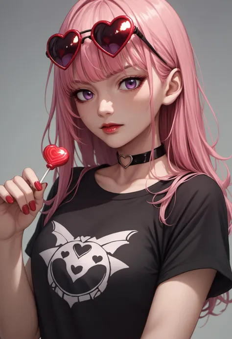 score_9, score_8_up, source_anime, shiny, glowing, pink hair, bangs, red heart shape sunglasses, black chocker, purple eyes, black t-shirt, red nail polish, holding a red lollipop