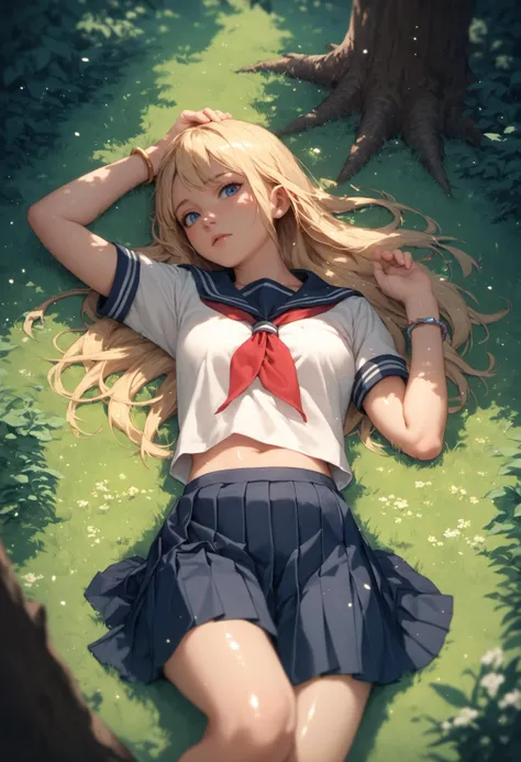 score_9, score_8_up, score_7_up, depth of field, long hair, blue eyes, skirt, blonde hair, jewelry, school uniform, short sleeves, pleated skirt, outdoors, lying, serafuku, on back, bracelet, tree, neckerchief, grass, nature, light particles, forest, at night, looking at viewer, shiny skin, shiny hair, view from above