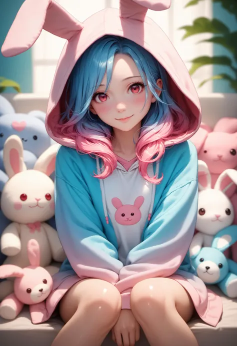 score_9, score_8_up, score_7_up, depth of field, 1girl, solo, long hair, looking at viewer, blush, cute smile, red eyes, animal ears, sitting, blue hair, pink hair, multicolored hair, hood, pink eyes, hoodie, gradient hair, between legs, rabbit, hand between legs, animal hood, stuffed animals background, shiny skin, shiny hair