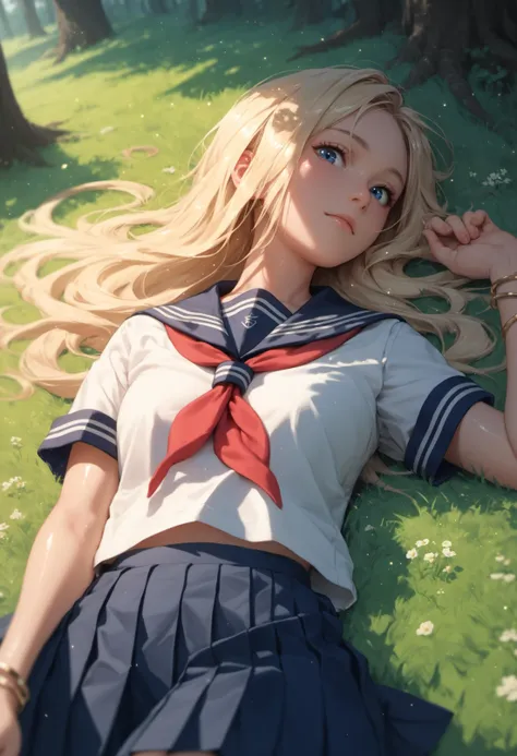 score_9, score_8_up, score_7_up, depth of field, long hair, blue eyes, skirt, blonde hair, jewelry, school uniform, short sleeves, pleated skirt, outdoors, lying, serafuku, on back, bracelet, tree, neckerchief, grass, nature, light particles, forest, at night, looking at viewer, shiny skin, shiny hair, view from above