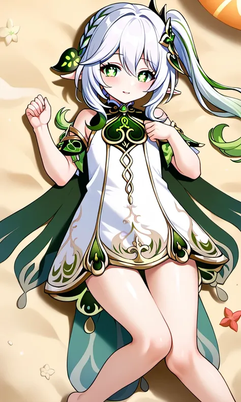 Nahida, nahida \(genshin impact\), green eyes, dress, white dress, pointy ears, cross-shaped pupils, symbol-shaped pupils, + +, side ponytail, long hair, white hair, multicolored hair, hair ornament, barefoot, lying, on sand