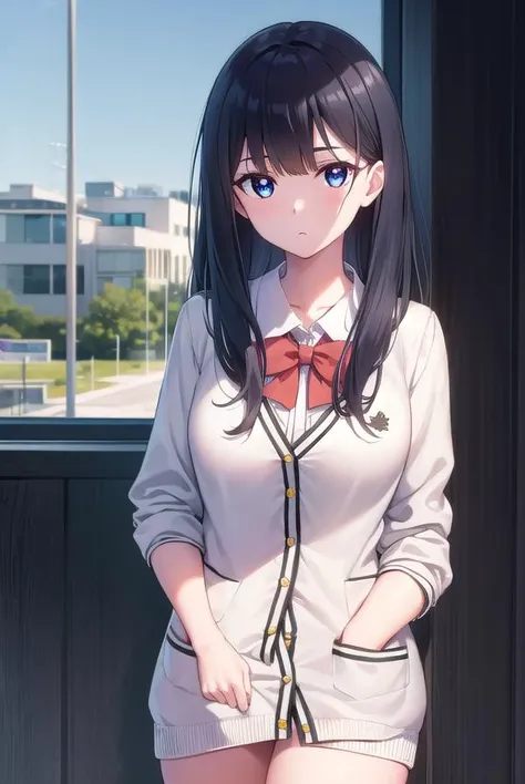 rikkatakarada, <lora:rikkatakarada-lora-nochekaiser:1>,
rikka takarada, black hair, blue eyes, long hair, orange scrunchie, scrunchie, wrist scrunchie
BREAK black footwear, black skirt, bow, bowtie, buttons, cardigan, collared shirt, long sleeves, microskirt, pleated skirt, red bow, red bowtie, red socks, school uniform, shirt, shoes, skirt, socks, thighs, (white cardigan:1.5), white shirt,
BREAK indoors, classroom,
BREAK looking at viewer, (cowboy shot:1.5),
BREAK <lyco:GoodHands-beta2:1>, (masterpiece:1.2), best quality, high resolution, unity 8k wallpaper, (illustration:0.8), (beautiful detailed eyes:1.6), extremely detailed face, perfect lighting, extremely detailed CG, (perfect hands, perfect anatomy),