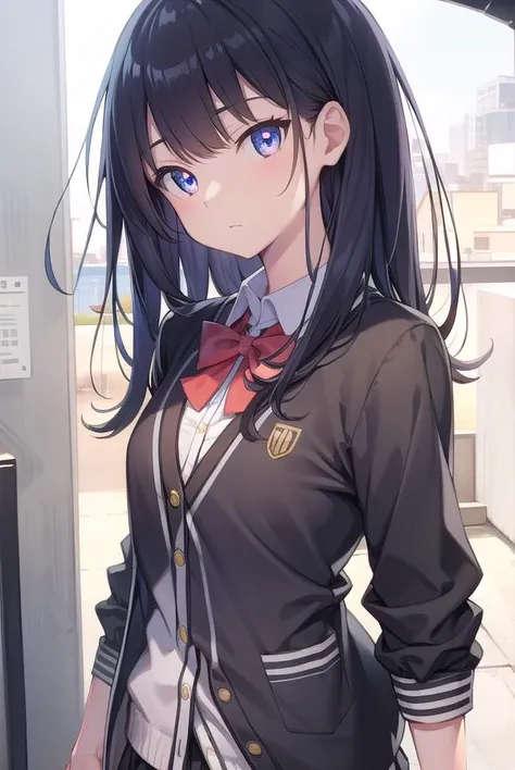 rikkatakarada, <lora:rikkatakaradatest:1>, rikka takarada, black hair, blue eyes, long hair, orange scrunchie, scrunchie, wrist scrunchie, (small breast:1.2),
BREAK black footwear, black skirt, bow, bowtie, buttons, cardigan, collared shirt, long sleeves, microskirt, pleated skirt, red bow, red bowtie, red socks, school uniform, shirt, shoes, skirt, socks, thighs, white cardigan, white shirt,
BREAK outdoors, city,
BREAK looking at viewer,
BREAK <lora:GoodHands-vanilla:1>, (masterpiece:1.2), best quality, high resolution, unity 8k wallpaper, (illustration:0.8), (beautiful detailed eyes:1.6), extremely detailed face, perfect lighting, extremely detailed CG, (perfect hands, perfect anatomy),
