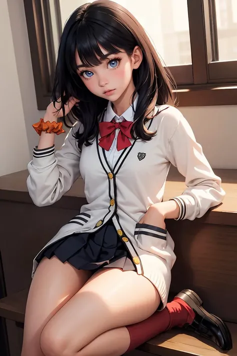 (masterpiece, best quality), <lora:rikkatakaradatest:1> rikka takarada, black hair, blue eyes, long hair, orange scrunchie, scrunchie, wrist scrunchie, black footwear, black skirt, bow, bowtie, buttons, cardigan, collared shirt, long sleeves, microskirt, pleated skirt, red bow, red bowtie, red socks, school uniform, shirt, shoes, skirt, socks, thighs, white cardigan, white shirt,