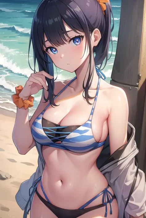 rikkatakarada, <lora:rikkatakaradatest:1>, rikka takarada, black hair, blue eyes, long hair, orange scrunchie, scrunchie, wrist scrunchie
BREAK bikini, cleavage, collarbone, layered bikini, navel, ponytail, side-tie bikini bottom, stomach, sweatdrop, swimsuit
BREAK outdoors, beach,
BREAK looking at viewer, BREAK <lora:GoodHands-vanilla:1>, (masterpiece:1.2), best quality, high resolution, unity 8k wallpaper, (illustration:0.8), (beautiful detailed eyes:1.6), extremely detailed face, perfect lighting, extremely detailed CG, (perfect hands, perfect anatomy),