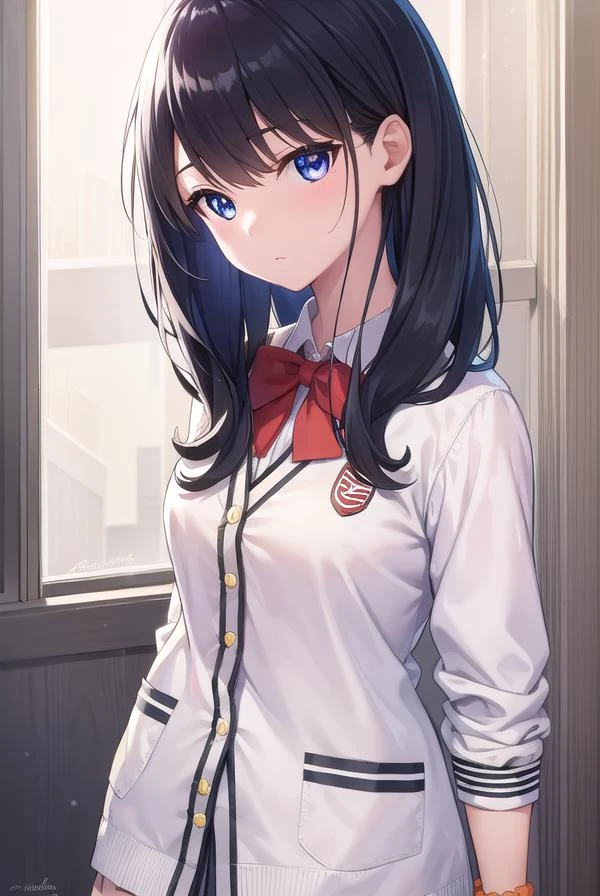 rikkatakarada, <lora:rikkatakarada-lora-nochekaiser:1>,
rikka takarada, black hair, blue eyes, long hair, orange scrunchie, scrunchie, wrist scrunchie
BREAK black footwear, black skirt, bow, bowtie, buttons, cardigan, collared shirt, long sleeves, microskirt, pleated skirt, red bow, red bowtie, red socks, school uniform, shirt, shoes, skirt, socks, thighs, (white cardigan:1.5), white shirt,
BREAK indoors, classroom,
BREAK looking at viewer, (cowboy shot:1.5),
BREAK <lyco:GoodHands-beta2:1>, (masterpiece:1.2), best quality, high resolution, unity 8k wallpaper, (illustration:0.8), (beautiful detailed eyes:1.6), extremely detailed face, perfect lighting, extremely detailed CG, (perfect hands, perfect anatomy),