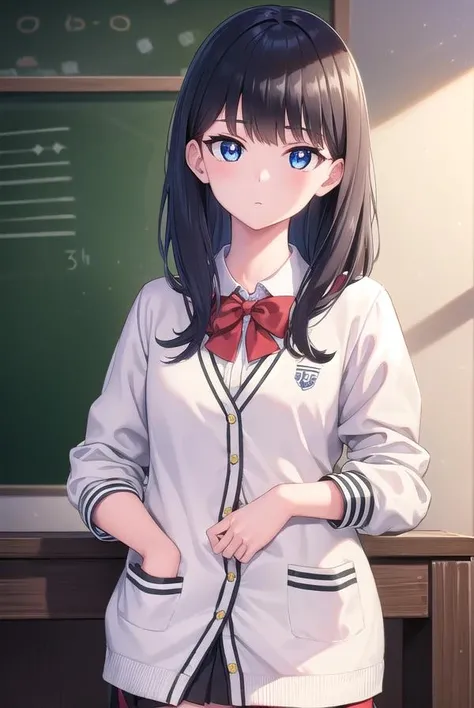 rikkatakarada, <lora:rikkatakarada-lora-nochekaiser:1>,
rikka takarada, black hair, blue eyes, long hair, orange scrunchie, scrunchie, wrist scrunchie
BREAK black footwear, black skirt, bow, bowtie, buttons, cardigan, collared shirt, long sleeves, microskirt, pleated skirt, red bow, red bowtie, red socks, school uniform, shirt, shoes, skirt, socks, thighs, (white cardigan:1.5), white shirt,
BREAK indoors, classroom,
BREAK looking at viewer, (cowboy shot:1.5),
BREAK <lyco:GoodHands-beta2:1>, (masterpiece:1.2), best quality, high resolution, unity 8k wallpaper, (illustration:0.8), (beautiful detailed eyes:1.6), extremely detailed face, perfect lighting, extremely detailed CG, (perfect hands, perfect anatomy),