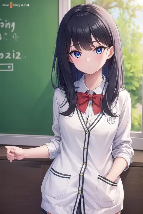 rikkatakarada, <lora:rikkatakarada-lora-nochekaiser:1>, 
rikka takarada, black hair, blue eyes, long hair, orange scrunchie, scrunchie, wrist scrunchie
BREAK black footwear, black skirt, bow, bowtie, buttons, cardigan, collared shirt, long sleeves, microskirt, pleated skirt, red bow, red bowtie, red socks, school uniform, shirt, shoes, skirt, socks, thighs, (white cardigan:1.5), white shirt,
BREAK indoors, classroom,
BREAK looking at viewer, (cowboy shot:1.5),
BREAK <lyco:GoodHands-beta2:1>, (masterpiece:1.2), best quality, high resolution, unity 8k wallpaper, (illustration:0.8), (beautiful detailed eyes:1.6), extremely detailed face, perfect lighting, extremely detailed CG, (perfect hands, perfect anatomy),
