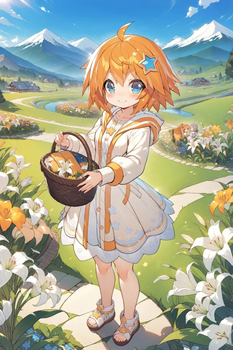 , masterpiece, absurdres, high detail, official art, 8k,
highland, mountain, sky, flower garden, lily \(flower\), wind, full body,
standing, holding lunchbox, basket, smile,
xxxx, young girl, tkle, orange hair, short hair, star hair ornament, hooded jacket, white dress shirt,
<lora:XL_Animagine_uchihime-twinkle-t1:0.9>