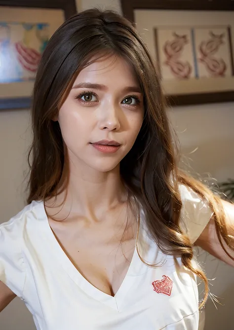 1girl, solo, upper body, looking at viewer, white background, long hair, nurse, sexy nurse, multicolored hair, <lora:MilaAzul-01:1>