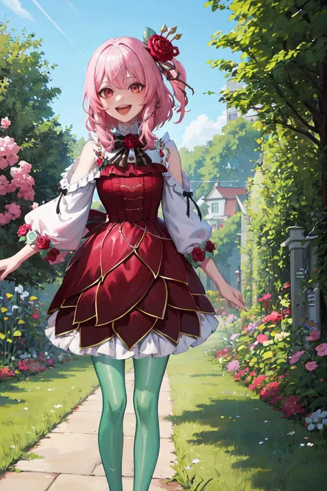 masterpiece, best quality, absurdres, 1girl, solo, rosemi1st, red rose, hair flower, thorns, shoulder cutout, red dress, black bow, gradient sleeves, (green pantyhose), standing, outdoors, garden, smile, :d, <lora:sprosemiLovelock-10:1.0>