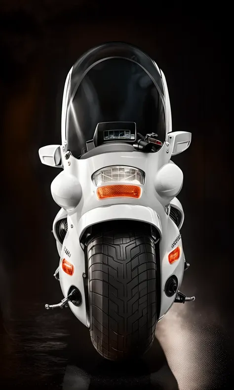 a large round motorcycle with a windshield, spherical, front view, best quality, highly detailed, bokeh, <lora:cap9motosdxl:1>, black simple background,