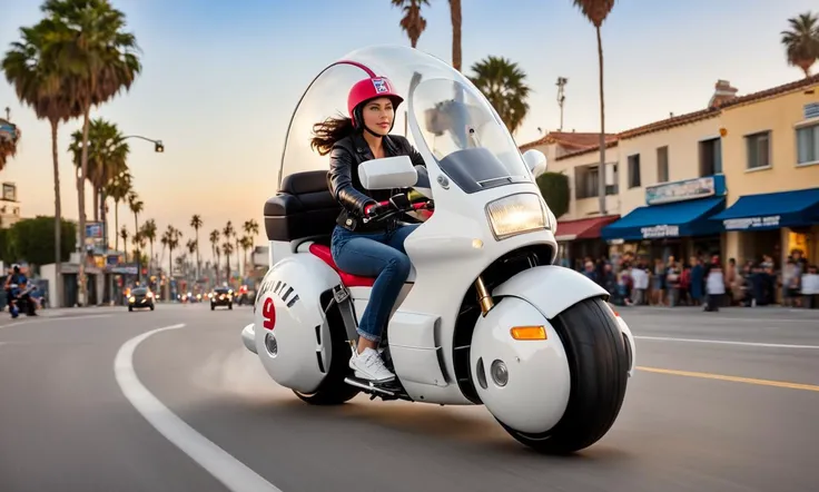 woman riding large round motorcycle, best quality, highly detailed, bokeh, cool sneakers, <lora:cap9motosdxl:0.8>, beautiful landscape, cinematic lighting, photorealistic, cap9motosdxl, vibrant colors, front view, in motion, los angeles, venice beach
