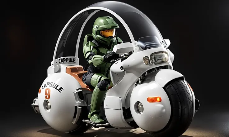 master chief driving large round motorcycle with a windshield, spherical, best quality, highly detailed, bokeh, <lora:cap9motosdxl:0.8>, black simple background, text "Capsule 9"