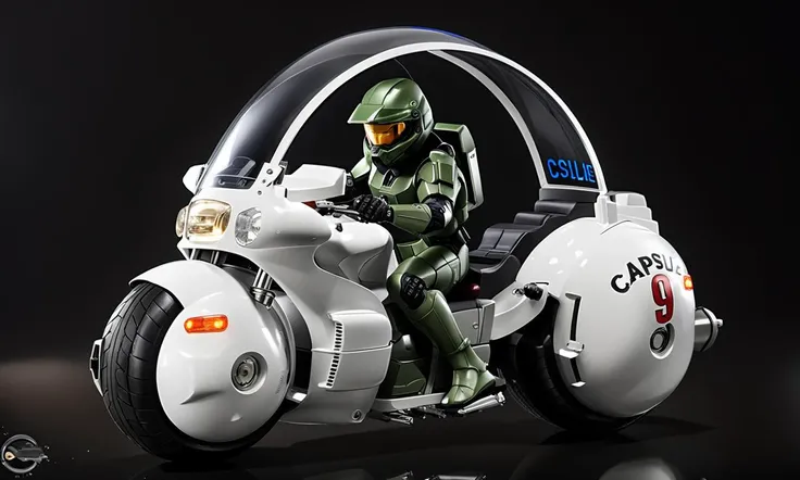 master chief driving large round motorcycle with a windshield, spherical, best quality, highly detailed, bokeh, <lora:cap9motosdxl:0.8>, black simple background, text "Capsule 9"
