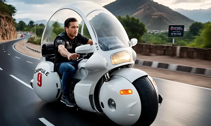 cinematic still of man driving large round motorcycle with a windshield, best quality, highly detailed, bokeh, <lora:cap9motosdxl:0.8>, black simple background, text "Capsule 9", beautiful landscape, cinematic lighting,
