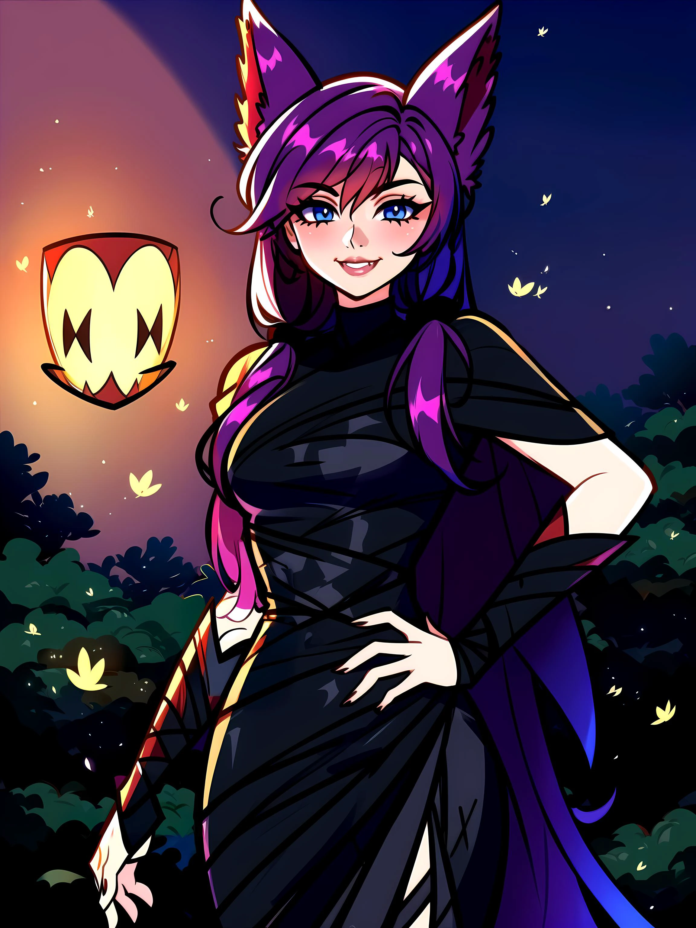 <lora:xayah-000036:1.0> xayah, solo, <lora:blushyspicy:1.0> blushyspicy, cute face, smile, vampire teeth, half body, perfect body, hand on hip, (night:1.3), forest, fireflies, detailed eyes, highly detailed, high quality, masterpiece