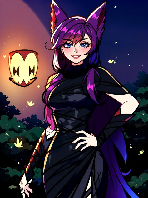 <lora:xayah-000036:1.0> xayah, solo, <lora:blushyspicy:1.0> blushyspicy, cute face, smile, vampire teeth, half body, perfect body, hand on hip, (night:1.3), forest, fireflies, detailed eyes, highly detailed, high quality, masterpiece