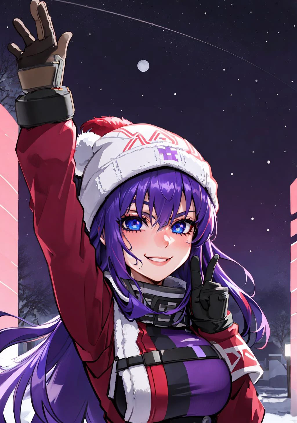 ((by fabercastel)), (violet haired and blue eyed beautiful anime human girl:1.2), down jacket, red beanieб mittens, smile, pants, waving at the viewer, winter scenery, night, moon, snow, HDR, intricate details, hyperdetailed, hyper detailed, 8k, uhd, ultra detailed, ultradetailed, <lora:blushyspicy-32:0.66> blushyspicy