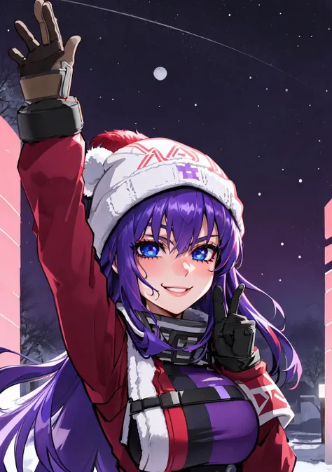 ((by fabercastel)), (violet haired and blue eyed beautiful anime human girl:1.2), down jacket, red beanieб mittens, smile, pants, waving at the viewer, winter scenery, night, moon, snow, HDR, intricate details, hyperdetailed, hyper detailed, 8k, uhd, ultra detailed, ultradetailed, <lora:blushyspicy-32:0.66> blushyspicy