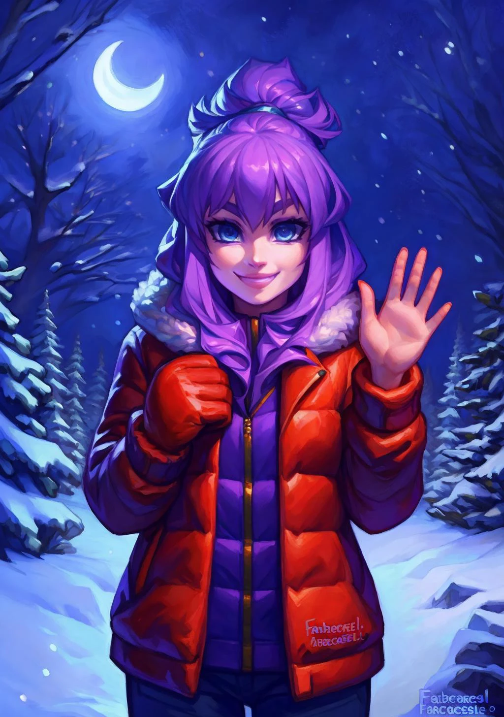 ((by fabercastel)), (violet haired and blue eyed beautiful anime human girl:1.2), down jacket, red beanieб mittens, smile, pants, waving at the viewer, winter scenery, night, moon, snow, HDR, intricate details, hyperdetailed, hyper detailed, 8k, uhd, ultra detailed, ultradetailed, <lora:blushyspicy:0.66> blushyspicy