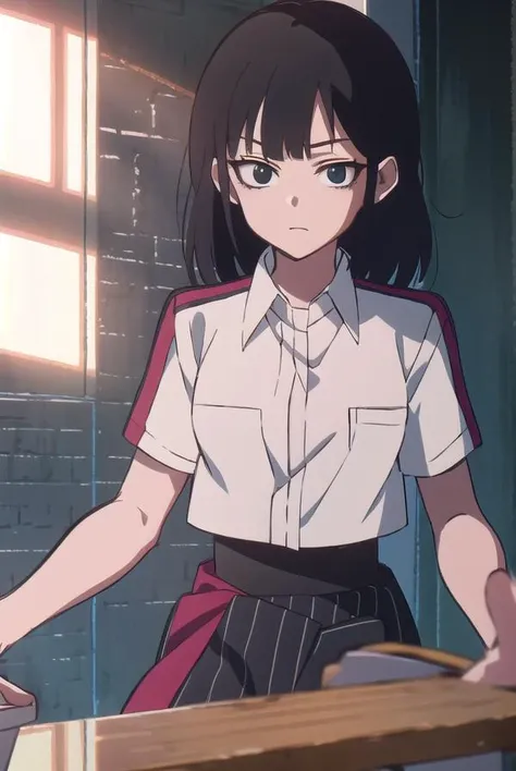 lingqiao, <lyco:lingqiao-LYCORIStest:1>,
ling qiao, bangs, black hair, medium hair, (black eyes:1.5),
BREAK skirt, shirt, white shirt, short sleeves, collared shirt, black footwear, red skirt, sandals, pocket, long skirt, shirt tucked in, breast pocket,
BREAK looking at viewer,
BREAK outdoors, city,
BREAK <lora:GoodHands-vanilla:1>, (masterpiece:1.2), best quality, high resolution, unity 8k wallpaper, (illustration:0.8), (beautiful detailed eyes:1.6), extremely detailed face, perfect lighting, extremely detailed CG, (perfect hands, perfect anatomy),