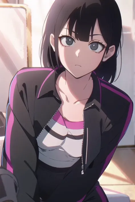 lingqiao, <lyco:lingqiao-LYCORIStest:1>,
ling qiao, bangs, black hair, medium hair, (black eyes:1.5),
BREAK jacket, midriff, pants, black pants, pink jacket, sports bra,
BREAK looking at viewer,
BREAK outdoors, city,
BREAK <lora:GoodHands-vanilla:1>, (masterpiece:1.2), best quality, high resolution, unity 8k wallpaper, (illustration:0.8), (beautiful detailed eyes:1.6), extremely detailed face, perfect lighting, extremely detailed CG, (perfect hands, perfect anatomy),