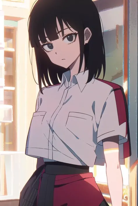lingqiao, <lyco:lingqiao-LYCORIStest:1>,
ling qiao, bangs, black hair, medium hair, (black eyes:1.5),
BREAK skirt, shirt, white shirt, short sleeves, collared shirt, black footwear, red skirt, sandals, pocket, long skirt, shirt tucked in, breast pocket,
BREAK looking at viewer,
BREAK outdoors, city,
BREAK <lora:GoodHands-vanilla:1>, (masterpiece:1.2), best quality, high resolution, unity 8k wallpaper, (illustration:0.8), (beautiful detailed eyes:1.6), extremely detailed face, perfect lighting, extremely detailed CG, (perfect hands, perfect anatomy),