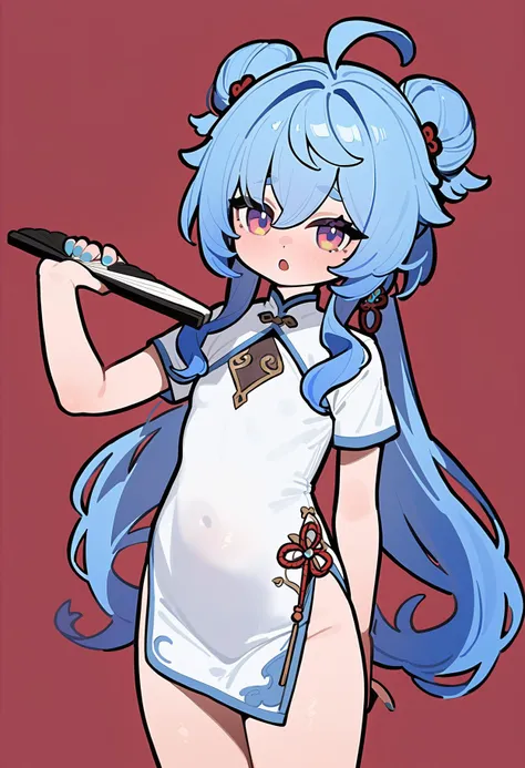 best quality,masterpiece,<lora:CleanLineArtXLç®çº¦çº¿æ¡:1>,cute girl,petite,red background,shortstack girl,1girl,ganyu \(genshin impact\),alternate hairstyle,double bun,hair bun,china dress,chinese clothes,earrings,folding fan,holding fan,hoop earrings,jewelry,looking at viewer,open mouth,blue nails,short sleeves,solo,standing,very long hair,white dress,newest,rating: questionable