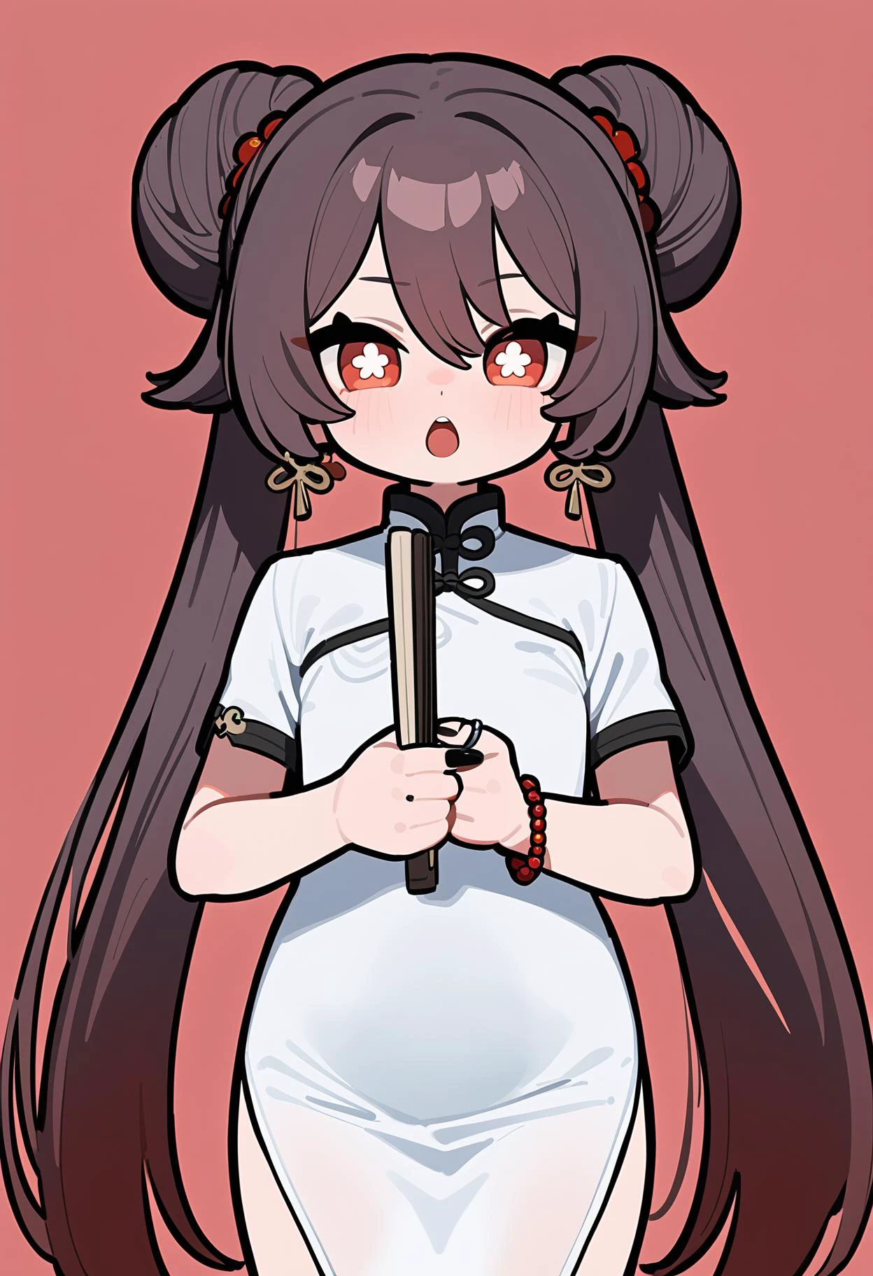 best quality,masterpiece,<lora:CleanLineArtXLç®çº¦çº¿æ¡:1>,cute girl,petite,red background,shortstack girl,1girl,hu tao \(genshin impact\),flower-shaped pupils,alternate hairstyle,double bun,hair bun,china dress,chinese clothes,earrings,folding fan,holding fan,hoop earrings,jewelry,looking at viewer,open mouth,black nails,short sleeves,solo,standing,very long hair,white dress,newest,rating: questionable