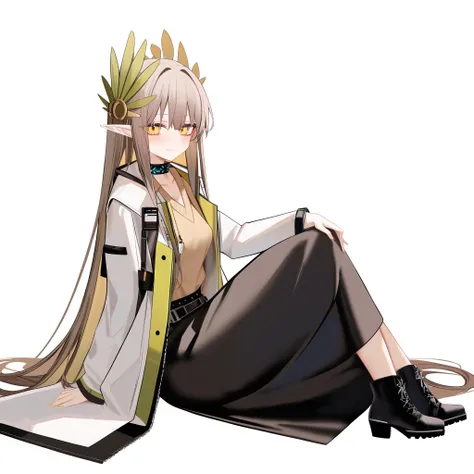 ru zhai,masterpiece,1girl, muelsyse \(arknights\),(solo), long hair, pointy ears, full body, sweater vest,white background, boots, black footwear, looking at viewer, simple background, coat,yellow eyes, black skirt, skirt, long skirt,very long hair, long sleeves, open coat, brown hair, white coat, open clothes, bangs, laurel crown, grey hair, closed mouth, smile, infection infection monitor \(arknights\),clavicle,sitting,crossed legs, sitting backwards,Hand supported ground,from side,
<lyco:muelsyse sdxl2:1>