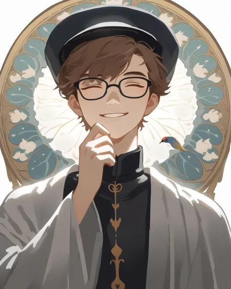 nai3,good light,`
1boy,male_focus,hat,solo,glasses,closed_eyes,black_headwear,long_sleeves,bird,upper_body,robe,brown_hair,short_hair,white_background,art_nouveau,hand_up,smile, wlop,