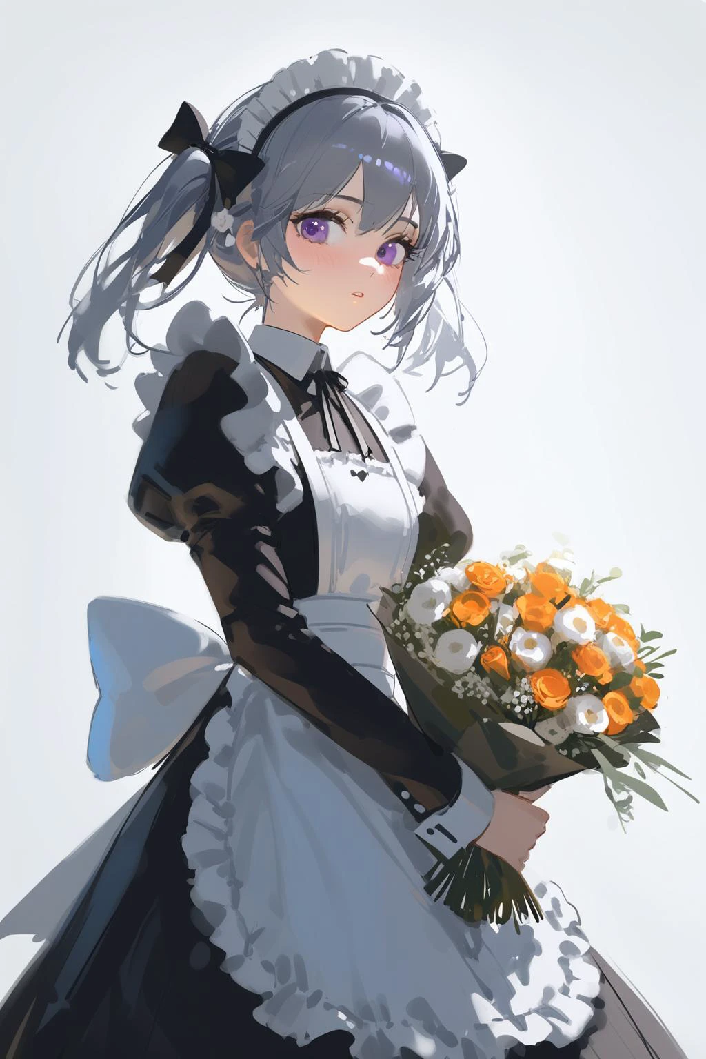 ciloranko, wlop, 1girl, solo, flower, bouquet, purple eyes, maid headdress, looking at viewer, maid, apron, holding, white background, long sleeves, holding bouquet, grey hair, dress, bow, juliet sleeves, puffy sleeves, blush, simple background, parted lips, frills, ribbon, two side up, hair bow, maid apron