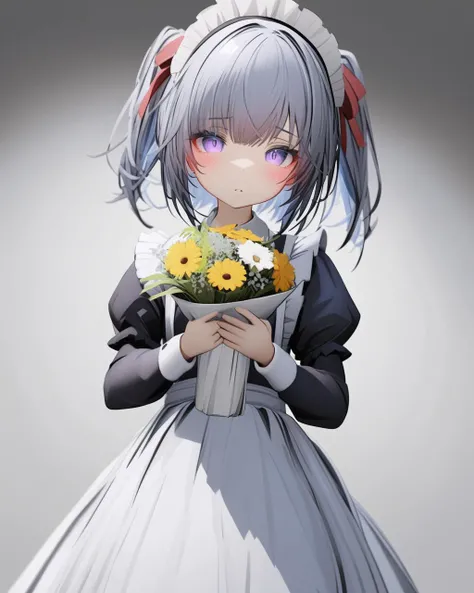 tab head, mmd style, 1girl, solo, flower, bouquet, purple eyes, maid headdress, looking at viewer, maid, apron, holding, white background, long sleeves, holding bouquet, grey hair, dress, bow, juliet sleeves, puffy sleeves, blush, simple background, parted lips, frills, ribbon, two side up, hair bow, maid apron