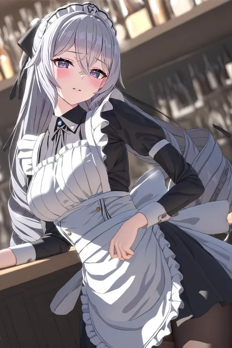 masterpiece, best quality, perfect features, intricate details, ray tracing, illustration,1girl, bronya zaychik, solo, maid, maid headdress, maid apron, light smile, pantyhose, open mouth, blush, parted lips, looking at viewer, cowboy shot, bar \(place\), indoors, depth of field ,  <lora:Char_Honkai_Bronya_XL_v1:0.9>