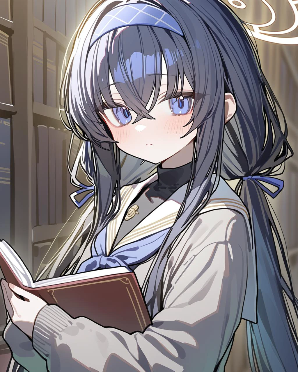 ningen mame, 1girl, ui (blue archive), solo, book, long hair, black hair, holding book, holding, hairband, bangs, bags under eyes, blue hairband, sailor collar, blush, long sleeves, looking at viewer, cardigan, closed mouth, white sailor collar, hair between eyes, school uniform, halo, upper body, serafuku, grey cardigan, very long hair, open book, blue eyes, purple eyes, shirt, crossed bangs, ribbon, black undershirt, twintails, bookshelf, brown cardigan, white serafuku