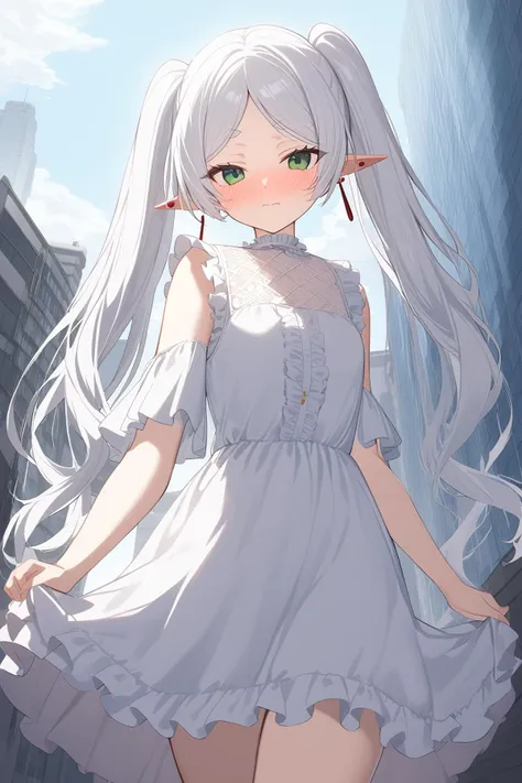 1girl, solo, green eyes, white hair, long hair, twintails, earrings, pretty casual dress, frilly, fancy, accessories, hair ornament, looking at viewer, street, cityscape, skyscraper, building, cloud, embarrassed, blush, looking at viewer, frieren, <lora:frieren_xl_2:1>