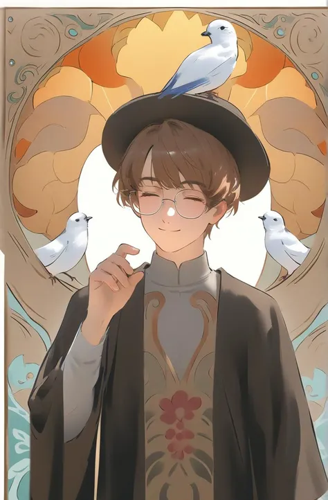 nai3,good light,wlop,
1boy,male_focus,hat,solo,glasses,closed_eyes,black_headwear,long_sleeves,bird,upper_body,robe,brown_hair,short_hair,white_background,art_nouveau,hand_up,smile,