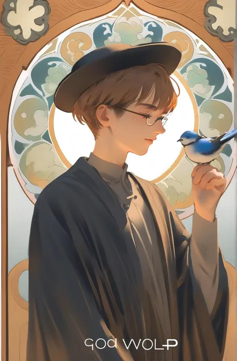 nai3,good light,wlop,
1boy,male_focus,hat,solo,glasses,closed_eyes,black_headwear,long_sleeves,bird,upper_body,robe,brown_hair,short_hair,white_background,art_nouveau,hand_up,