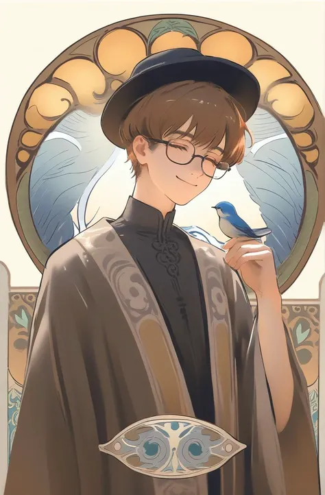 nai3,good light,wlop,
1boy,male_focus,hat,solo,glasses,closed_eyes,black_headwear,long_sleeves,bird,upper_body,robe,brown_hair,short_hair,white_background,art_nouveau,hand_up,smile,