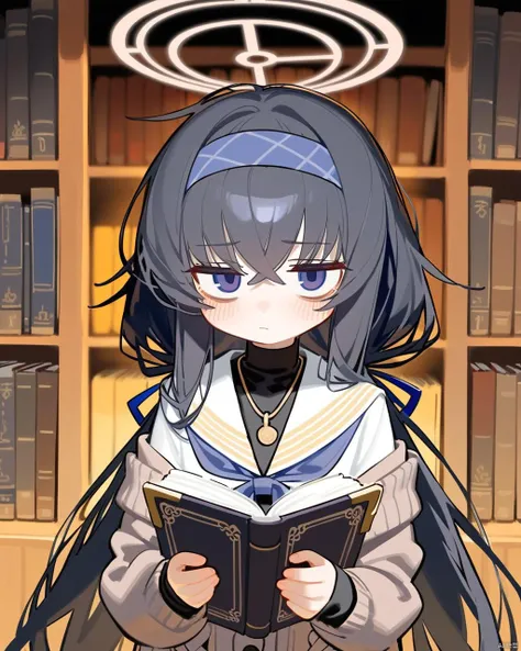 ui (blue archive),  [[tianliang duohe fangdongye]], (ningen_mame:0.5), ciloranko, sho_(sho_lwlw)],  1girl, solo,  book,  long hair,  black hair,  holding book,  holding,  hairband,  bangs,  bags under eyes,  blue hairband,  sailor collar,  blush,  long sleeves,  looking at viewer,  cardigan,  closed mouth,  white sailor collar,  hair between eyes,  school uniform,  halo,  upper body,  serafuku,  grey cardigan,  very long hair,  open book,  blue eyes,  purple eyes,  shirt,  crossed bangs,  ribbon,  black undershirt,  twintails,  bookshelf,  brown cardigan,  white serafuku