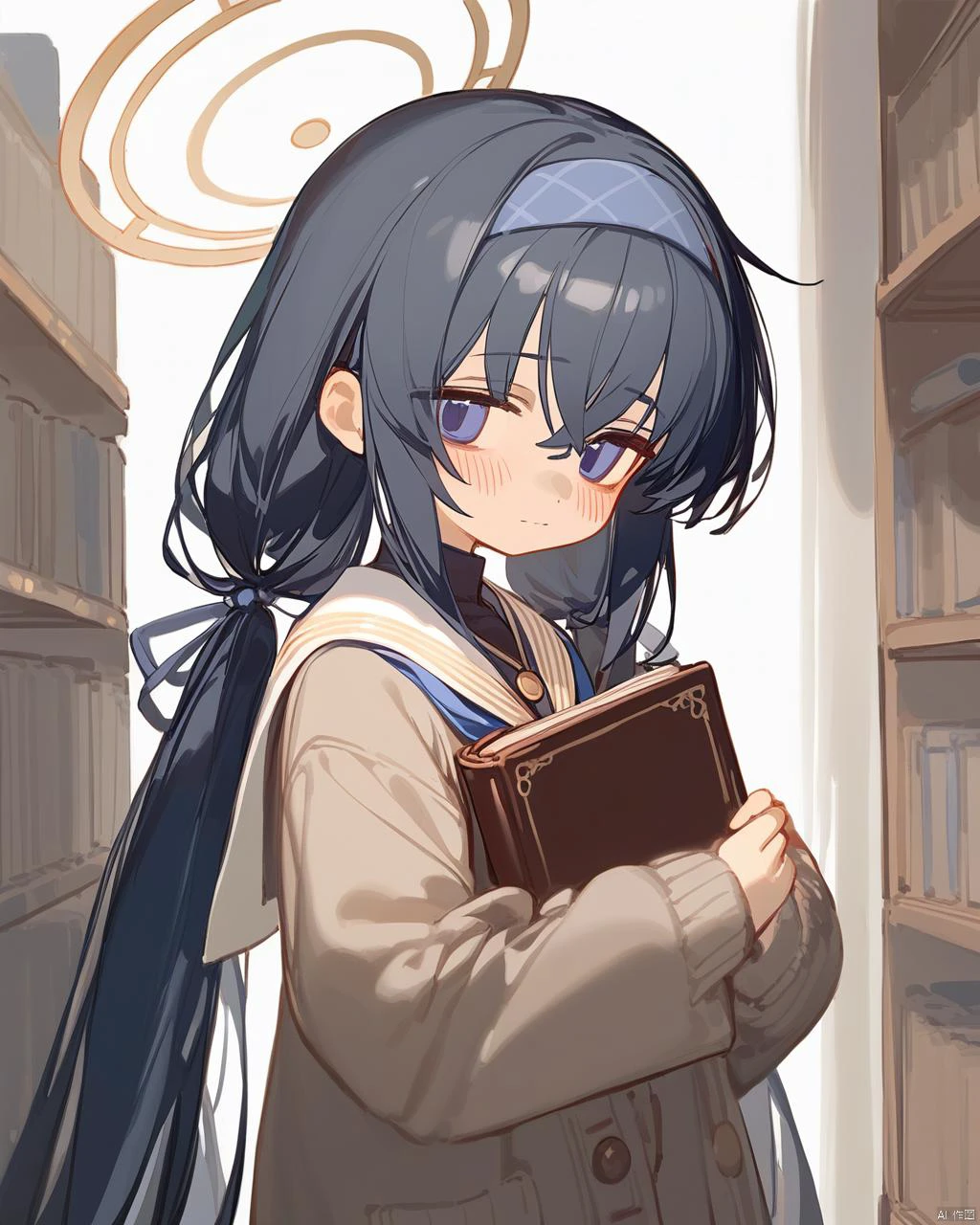 (ciloranko:1.3), 1girl, ui (blue archive), solo, book, long hair, black hair, holding book, holding, hairband, bangs, bags under eyes, blue hairband, sailor collar, blush, long sleeves, looking at viewer, cardigan, closed mouth, white sailor collar, hair between eyes, school uniform, halo, upper body, serafuku, grey cardigan, very long hair, open book, blue eyes, purple eyes, shirt, crossed bangs, ribbon, black undershirt, twintails, bookshelf, brown cardigan, white serafuku, tianliang duohe fangdongye