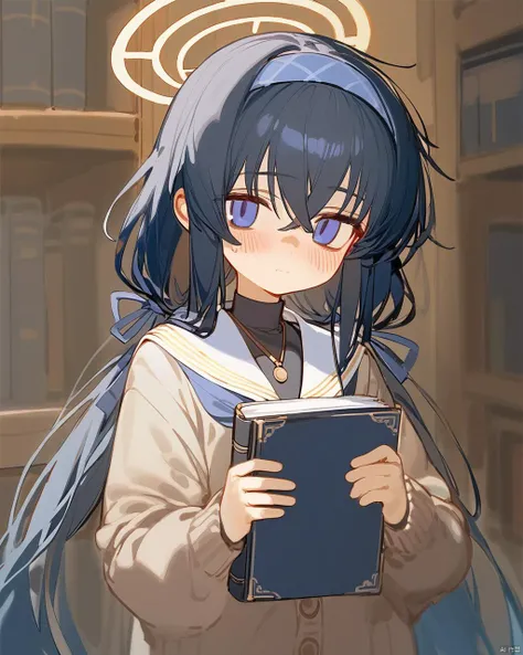 (ciloranko:1.3), 1girl, ui (blue archive), solo, book, long hair, black hair, holding book, holding, hairband, bangs, bags under eyes, blue hairband, sailor collar, blush, long sleeves, looking at viewer, cardigan, closed mouth, white sailor collar, hair between eyes, school uniform, halo, upper body, serafuku, grey cardigan, very long hair, open book, blue eyes, purple eyes, shirt, crossed bangs, ribbon, black undershirt, twintails, bookshelf, brown cardigan, white serafuku, tianliang duohe fangdongye
